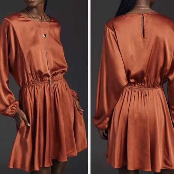 Anthropologie Caballero Orange Long Sleeve Circular Print Mini Dress Size L NWT - Picture 2 of 16